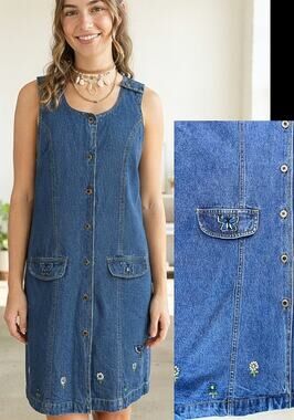 90's Carolina Bay Retro Denim Jumper Dress with Butterfly & Floral Embroidery